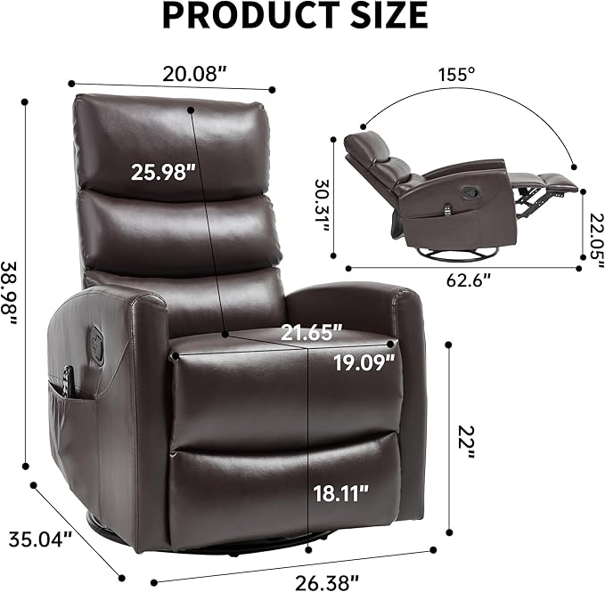 PELUMY Massage Recliner Chair with Heat - Manual Rocker Swivel Recliner, 360° Rotation & 155° Recline for Living Room（Breathable Leather, Brown）