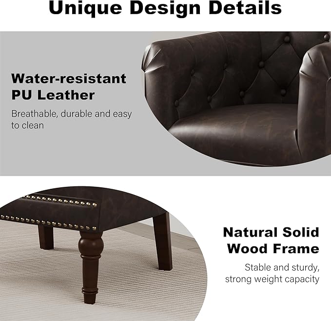 Accent Chair, Upholstered Faux Leather Barrel Chair with Nailed Trim, Comfy Club Armchair for Reading Living Room Bedroom Waiting Room (Chocolate, Set of 2)