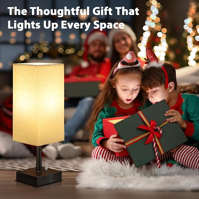 Fully Dimmable Nightstand Lamps Set of 2 - Table Bedside Lamp with USB C+A Charging Ports & 2 AC Outlets, Square Lamp Sets Linen Fabric Shade for Bedroom Living Room(Bulb Included)