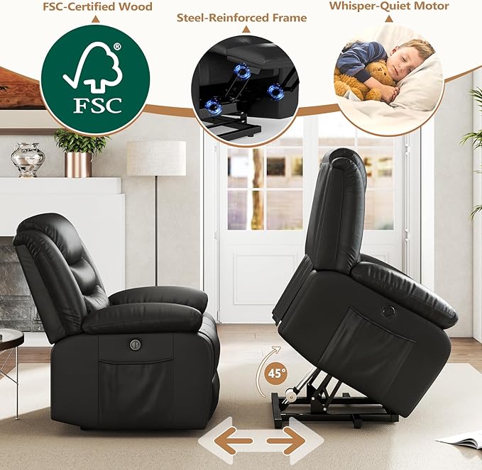 ANJ Power Lift Recliner Chair with Massage and Heat, PU Leather Overstuffed Electric Lift Chair for Elderly, Oversized Single Sofa Recliner with Side Pockets, Remote Control(Black)