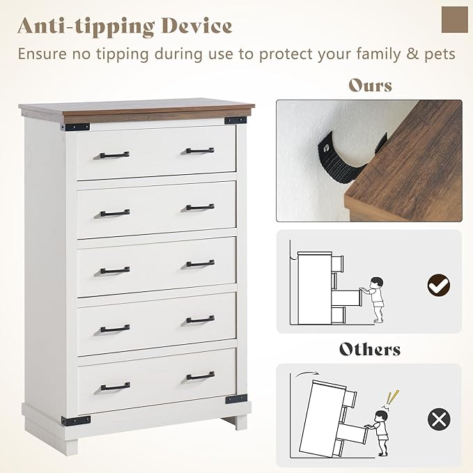 AMERLIFE Farmhouse 5 Drawers Dresser Chests for Bedroom, 48" Tall Wood Rustic Chest of Drawers/w Thick Plank Styling, Heavy Duty Closet Storage Dresser Organizer, Living Room, Hallway, Antique White