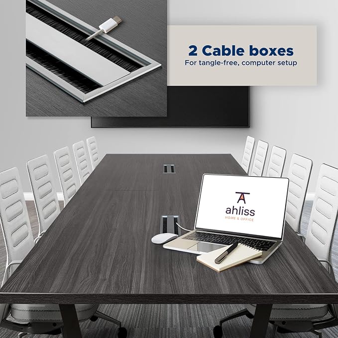 Sturdy Conference Table with Cable Management Grommets Modern Rectangle Office Meeting Table with Wood Tabletop and Metal Frame & Legs- Easy Assembly Boardroom Table (Grey, 10 Foot)