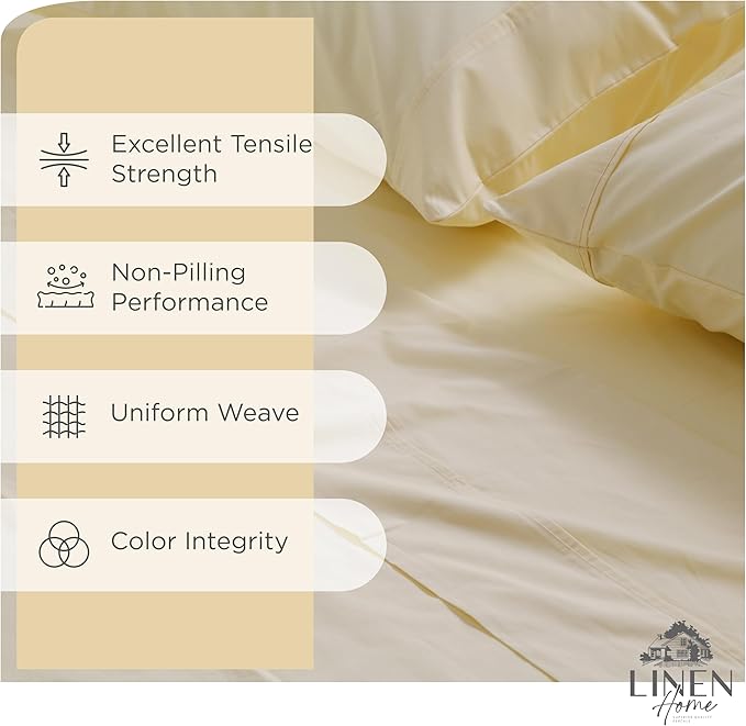 Linen Home 100% Cotton Percale Sheets Queen Size, Ivory, Deep Pocket, 4 Pieces Set - 1 Flat, 1 Deep Pocket Fitted Sheet and 2 Pillowcases, Crisp Cool and Strong Bed Linen