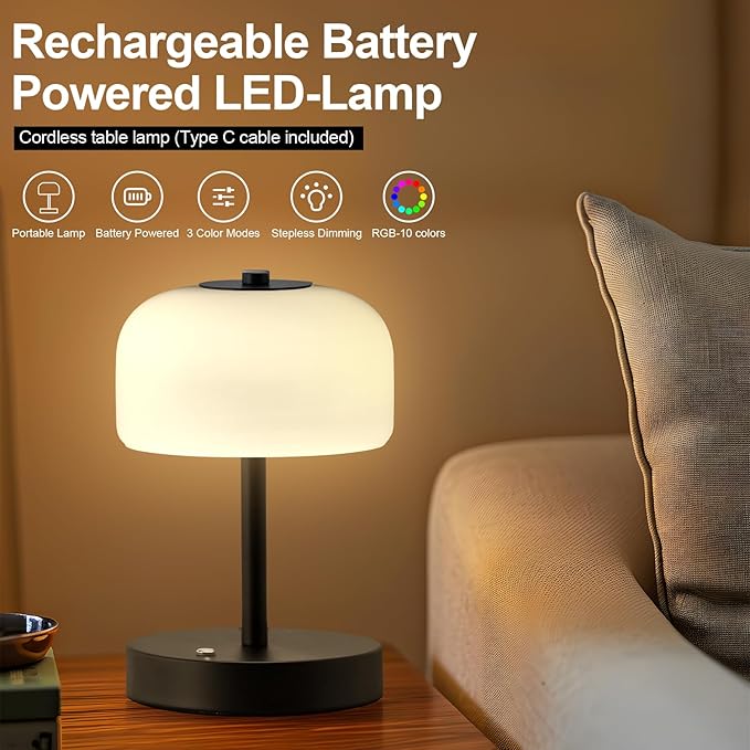 PORTRES RGB Cordless Touch Table Lamp with 3 Color Temperatures 7 RGB Colors Rechargeable Battery lamp with Pickup Rhythm Light Glass Lamp Shade for Bedroom Outdoor Patio Restaurant Camping Black