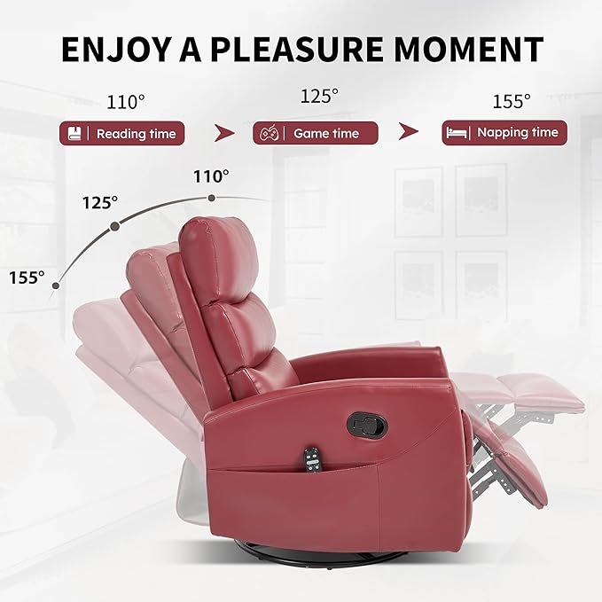 PELUMY Massage Recliner Chair with Heat - Manual Rocker Swivel Recliner, 360° Rotation & 155° Recline for Living Room（Breathable Leather, Red）
