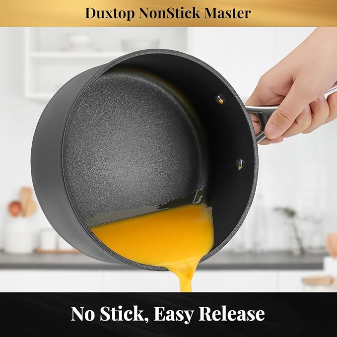 Duxtop Nonstick Master Saucepans 3 Quart Hard Anodized Sauce Pan with Lid, Aluminum Cooking Pot PFAS-Free, Oven Safe to 500°F, Black