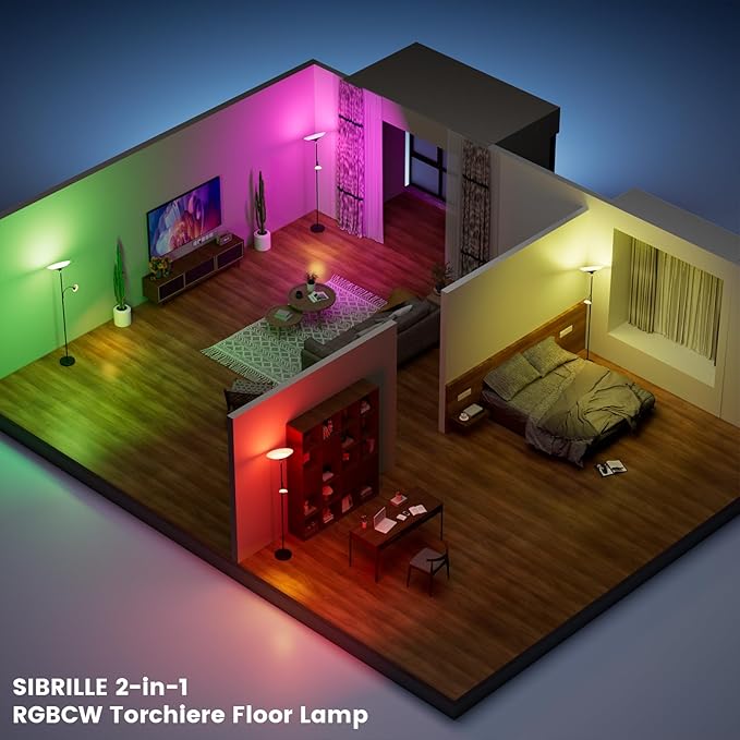 RGB Torchiere Floor Lamp - 2 Way Dimmable LED Standing Lamp with Remote&Button Control, 34W Rotatable Floor Reading Light, 72'' Tall Modern Corner Lamp for Living Room Bedroom Office, Black