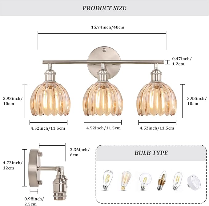 Bathroom Light Fixtures, 3-Light Vanity Wall Light Over Mirror with Amber Tulip Glass Shade for Bedroom Living Room, Satin Nickel