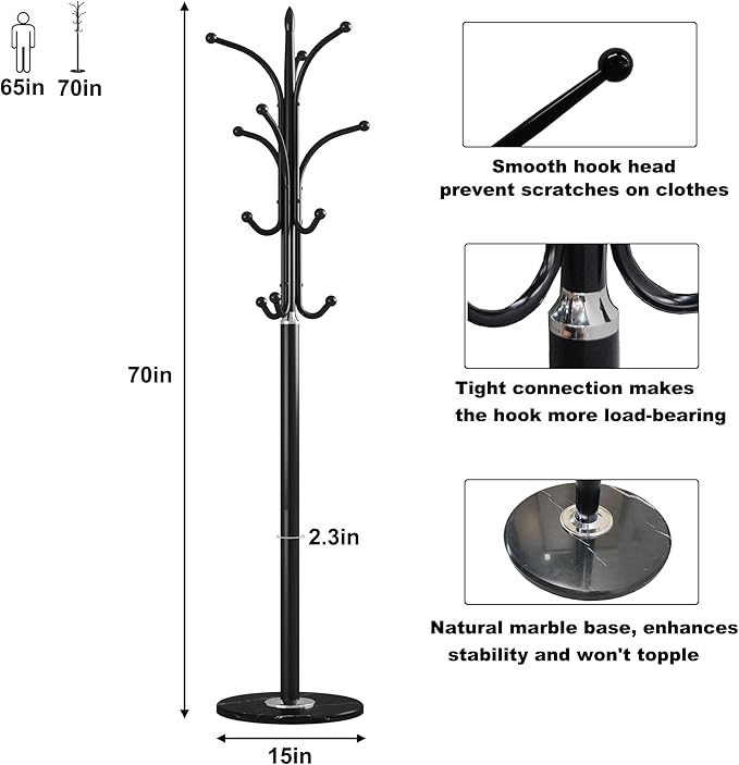 HOMEFORT Metal Coat Rack Stand,Free Standing Hat Hanger with Marble Base,Hall Tree with 12 Hooks for Hanging Hat,Clothes,Bag,Entryway Storage Organizer,Black