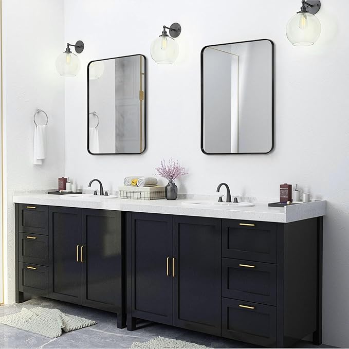 Wall Mount Mirror for Bathroom, Brushed Black Metal Framed Rounded Corner Rectangular Vanity Mirror (24" x 30", Black)