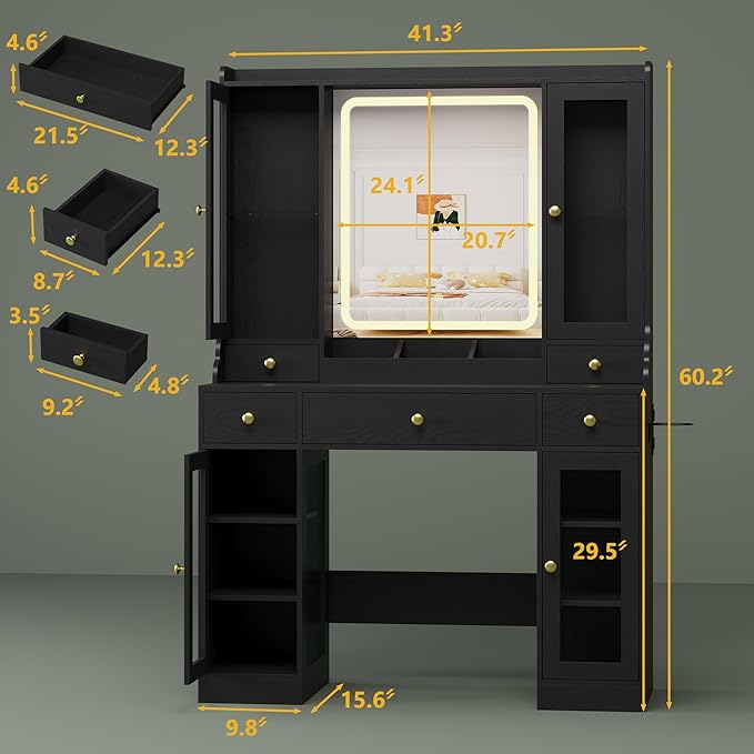 Vanity Desk with Mirror and Lights, Black Makeup Vanity Table with 3 Modes & Adjustable Brightness, Glass Cabinets, Drawers, Outlet, Modern Dressing Table for Bedroom, Girls, Women, Teens