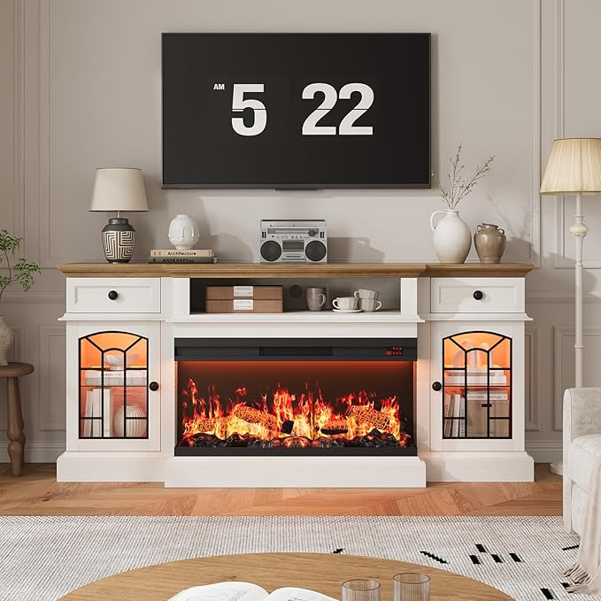 QUW 70" Farmhouse Fireplace TV Stand for TVs up to 80", Entertainment Center with 36" 3-Side Glass Electric Fireplace with Open Shelf and Cabinet, TV Console for Living Room, Antique White