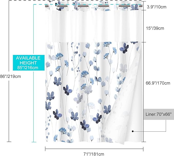 No Hook Shower Curtain with Snap in Liner - Watercolor Floral Shower Curtain - Fabric Waterproof Inner Liner, Plants Blue Flowers Modern Cloth Shower Curtains - Machine Washable, 71 x 86