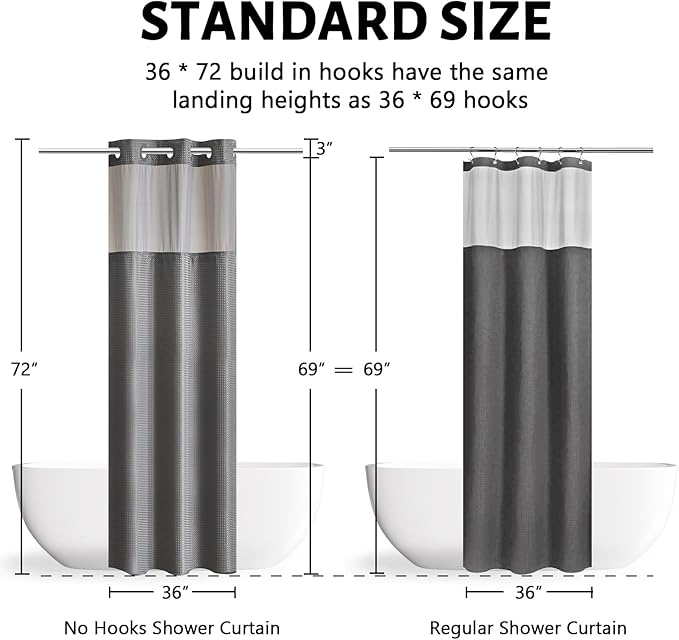 Furlinic Stall Size No Hook Shower Curtain with Snap in Liner,Waffle Weave Heavy Duty Fabric Bathroom Curtains with See Through Top Window,Waterproof & Machine Washable,Grey,36x72 Inch