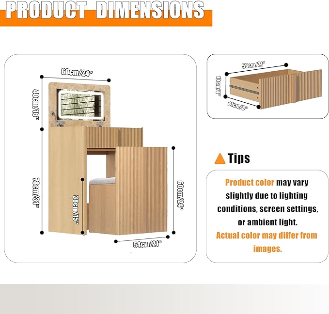 Compact Makeup Vanity Desk with Flip Top Mirror,3 in 1 Vanity Desk with Mirror and Lights,Hidden Storage Chair,Oak Makeup Vanity Table with Space-Saving for Small Bedrooms & Apartments,Light Oak