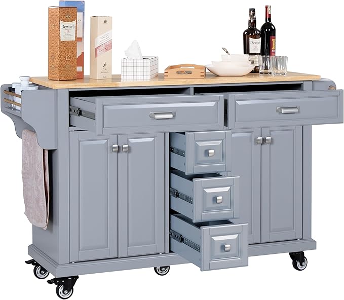 Generic 60.5"" Kitchen Island on Wheels, Rolling Island Table for Kitchen with Double Storage Cabinet and 5 Drawers, Portable Kitchen Cart with Rubber Wood Top, Grey, Large