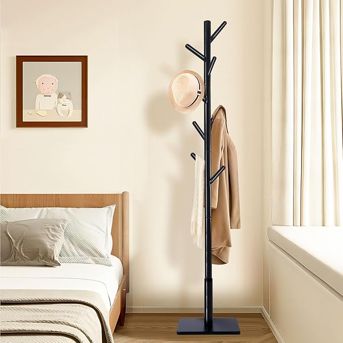 Coat Rack Freestanding with Stable Square Base for Cloathes, Hat, Used in Bedroom, Office and Entryway, Sturdy and Easy Assembly Coat Tree with 3 Adjustable Sizes and 8 Hooks, Black
