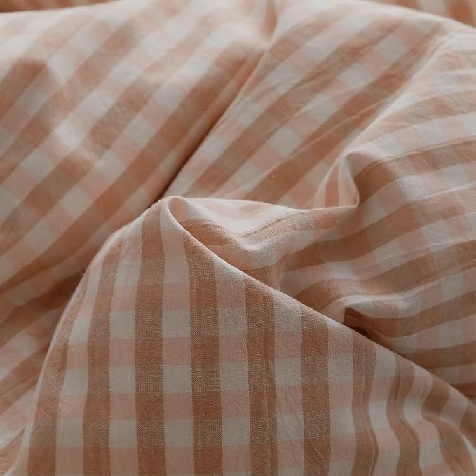 mixinni Vintage Pink Gingham Ruffle Comforter Set 3-Piece Washed Cotton Full Size Grid Bedding Set with Geometric Checkered Pattern, Farmhouse Chic Soft Fluffy Comforter for All-Season
