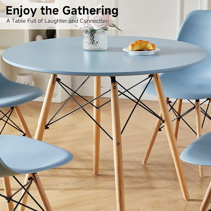 Round Dining Table Set for 4 35.5" Wood Dinner Table Circle Dining Table Kitchen Table Chairs Set of 4 with Wood Strip Base for Kitchen Living Room Space Saving Apartment(Blue)