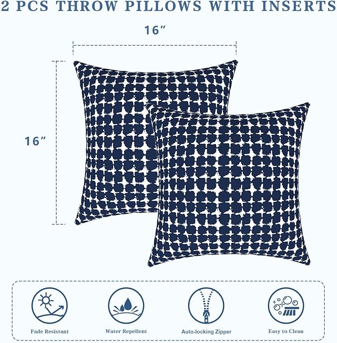 LVTXIII Outdoor Throw Pillows, Decorative Throw Pillows with Inserts, 16"x16" Square Pillows for Bed, Couch, Sofa and Patio Furniture, Set of 2, Tie-dye Navy