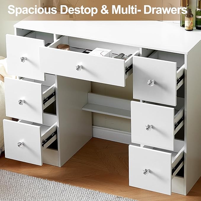 White Vanity Desk with Mirror and Lights, 3 Colors LED Lighted Hollywood Makeup Vanity Mirror with 10 Lights, Large Vanity Dressing Table with 7 Drawers, Crystal Knobs