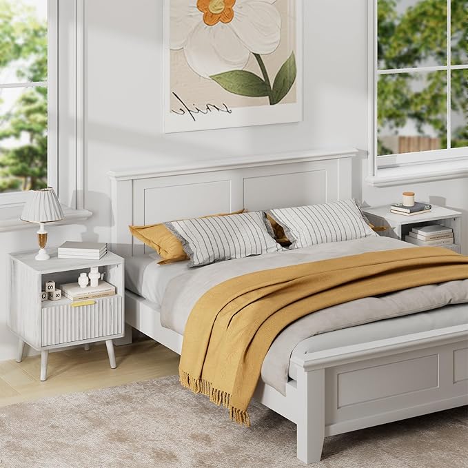 LYNSOM Fluted Dresser and Nightstand Set, 3 Pieces Bedroom Set, 55 Inch Wide 7-Drawer Dresser & 1-Drawer Nightstands Set of 2, Modern Dressers Set for Bedroom, Living Room, White