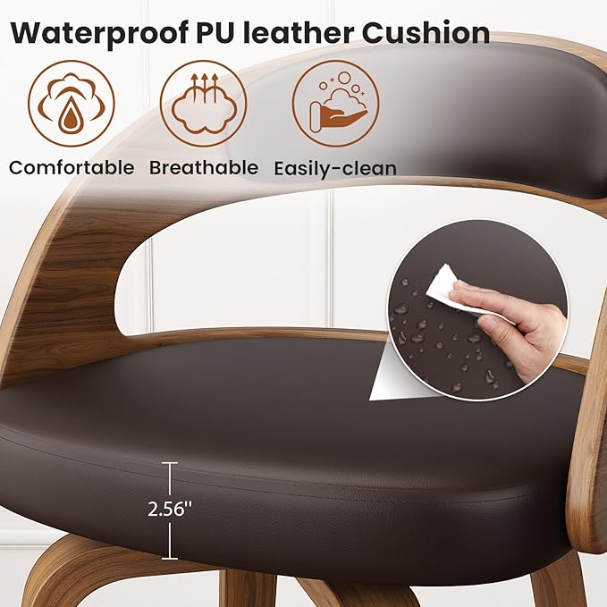 Swivel Bar Stools Set of 4, 26" Counter Height Bentwood Barstool, Mid-Century Modern PU Leather Upholstered Bar Chair with Back and Footrest, for Kitchen Island, Bar, Cafe, Dining Room, Brown