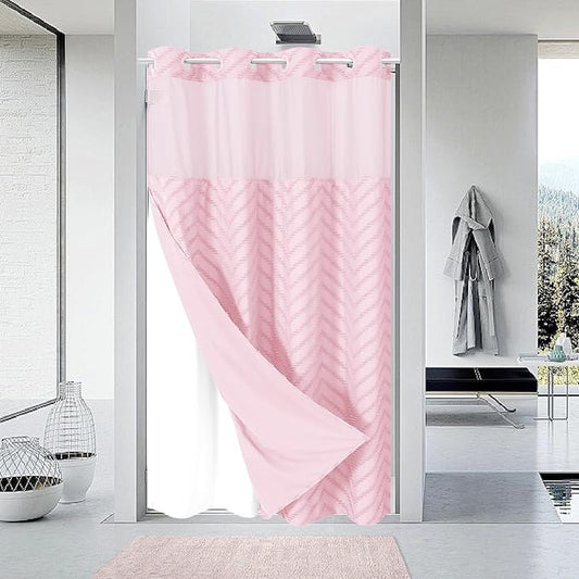 Stall No Hook Boho Farmhouse Shower Curtain with Snap-in Fabric Liner set-54Wx80H(78H),Pink Tufted Chevron Striped Hotel Grade Cloth Shower Curtains for Bathroom,Water Repellent