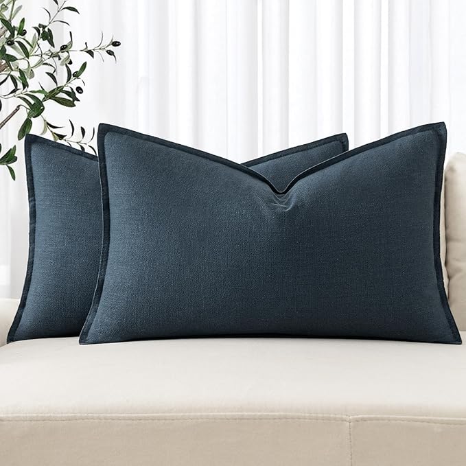 MIULEE Decorative Linen Lumbar Pillow Covers 12x20 Inch Navy Blue Boho Farmhouse Neutral Couch Throw Pillows for Bed Pack of 2 Accent Coastal Modern Pillowcase Summer Sofa Livingroom Home Decor