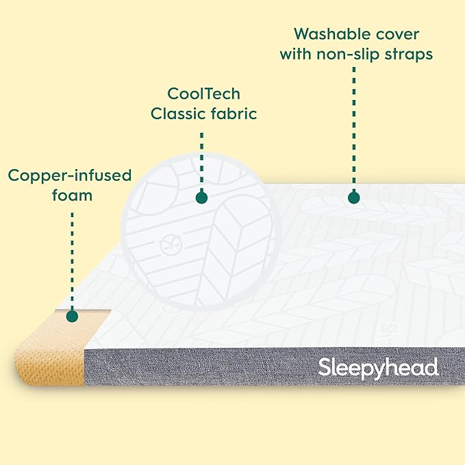 Sleepyhead Twin 3 Inch Copper Infused Cooling Memory Foam Mattress Topper – Washable Cover, Thick & Comfortable College Dorm Bedding Pad, Dorm Room Essentials (Twin 3")