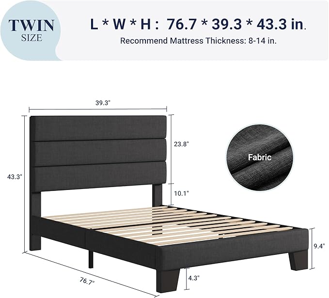 Allewie Twin Size Platform Bed Frame with Fabric Upholstered Headboard and Wooden Slats Support, Fully Upholstered Mattress Foundation/No Box Spring Needed/Easy Assembly, Dark Grey