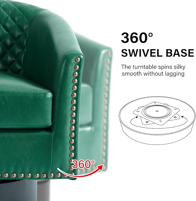 Swivel Barrel Accent Chair, Comfy Modern Upholstered Round Faux Leather Arm Chair for Living Room, Bedroom（Green, Set of 1