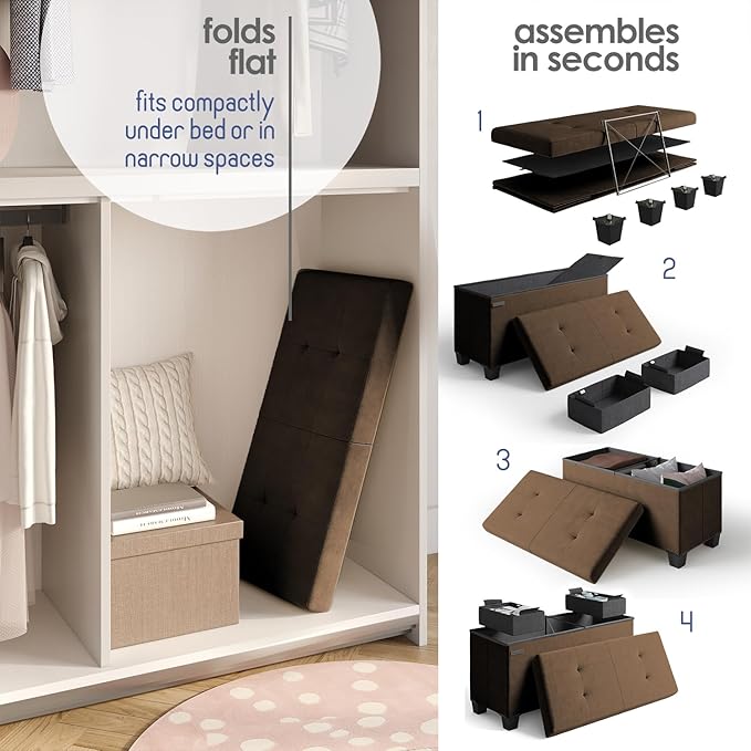 STORAGEBUD Storage Ottoman Bench with Bins, 30-in Storage Bench for Bedroom End of Bed, Folding Foot Rest Ottoman for Living Room Max 660lbs, Velvet Ottomans, Brown