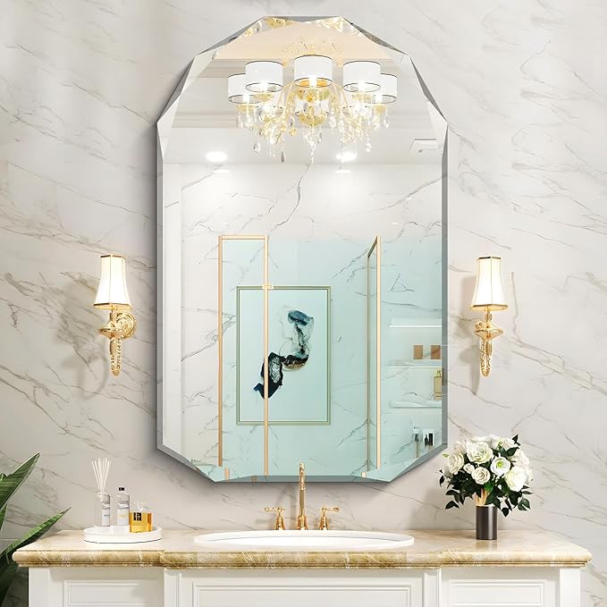 KOCUUY 30"x48" Frameless Mirror, Arched Shape with Diamond-Shaped Beveled Edge,Unframed Decorative with Upgraded Shatterproof Glass,Unique Frameless Mirror for Bathroom,Living Room,Bedroom