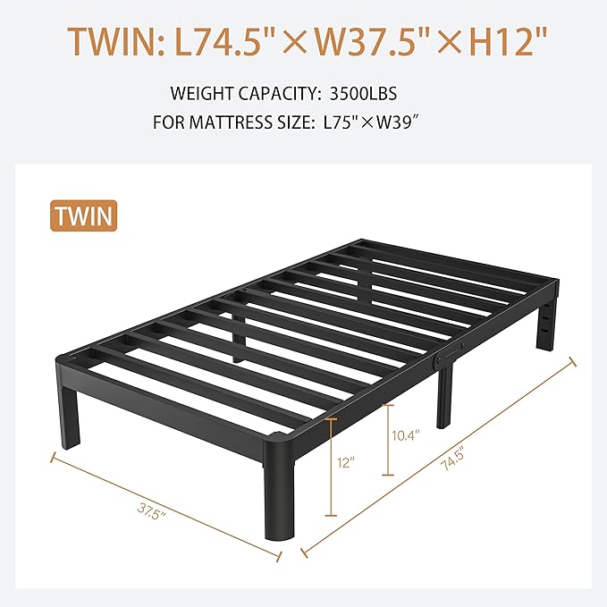 Black Twin Bed Frames 12 Inch, Metal Bed Frame Twin Size No Box Spring Needed, DIY Headboard Holes, Heavy Duty Steel Support 3500 LBS, Noiseless, Round Corner Leg, Storage Space, Easy Assembly