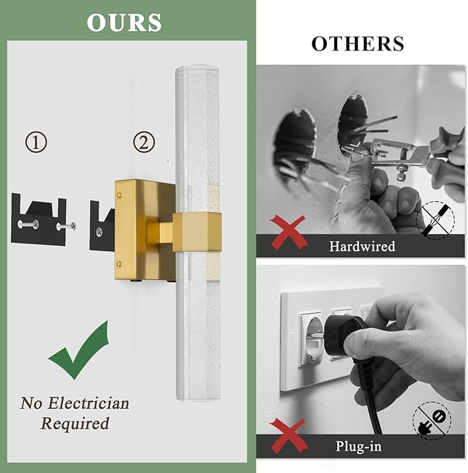 Battery Operated Crystal Wall sconces Set of 2,Rechargeable Modern Vanity Light Fixtures, 3000K-6000K Dimmable Gold LED Wireless Wall Lights for Bathroom Bedroom Living Room Hallway(2 Pack)