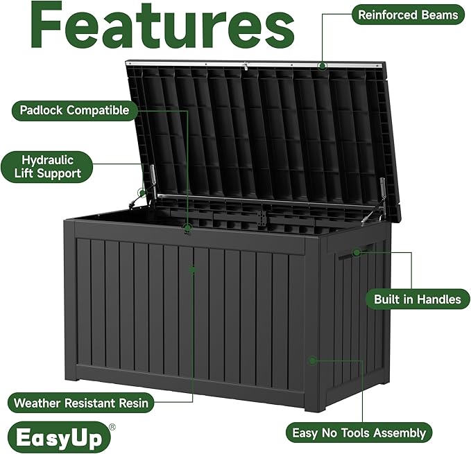 230 Gallon Outdoor Storage Box Waterproof, UV Resistant Resin Deck Box with Hydraulic Rod, Reinforced Stability for Patio, Garden,Striped Black