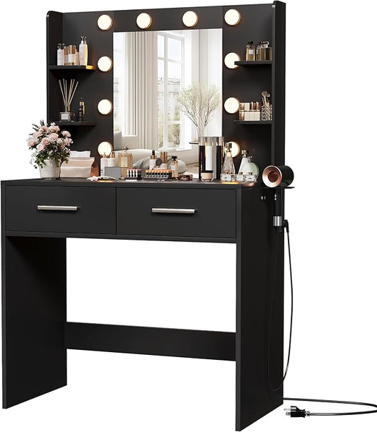 Furmax Make up Vanity Desk with Mirror and Power Outlet, Vanity with 3 Color Light Options Adjustable Brightness,Vanity Desk with 2 Drawers, 6 Storage Shelves (Black, No Bench)