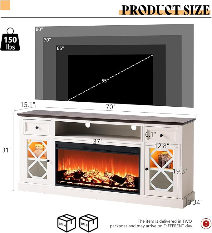 AMERLIFE Farmhouse Fireplace TV Stand with 37" Electric Fireplace for 80 Inch TVs, Large LED Media Entertainment Center with Drawers, 31" Tall Highboy TV Console Cabinet with Door, Living Room, White
