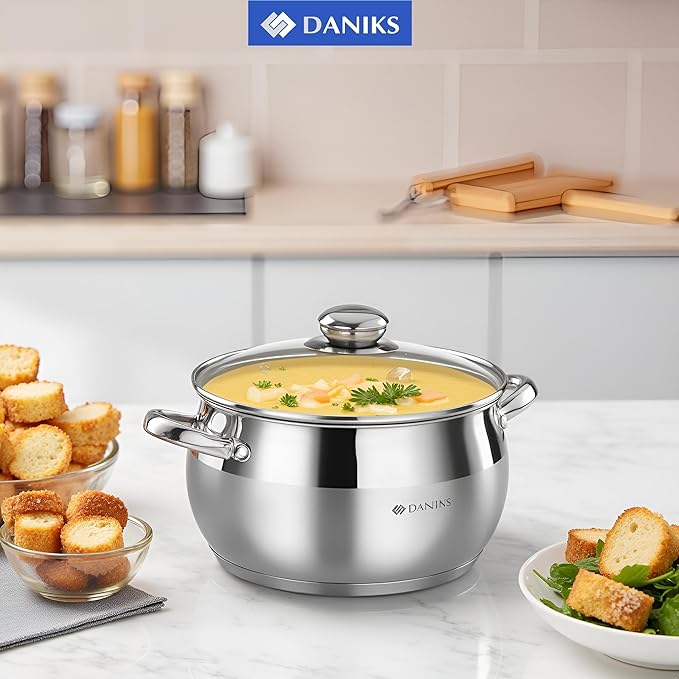 Daniks Classic Stainless Steel Stock Pot with Glass Lid – Induction 3 Quart, Dishwasher Safe, Measuring Scale, For Soup, Pasta, Stew, Silver