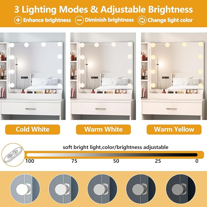 Fameill White Vanity Desk with Mirror and Lights,Makeup Vanity with 2 Drawers Lots Storage,Makeup Table with Lighted Mirror,3 Lighting Colors, Brightness Adjustable,35in(L)