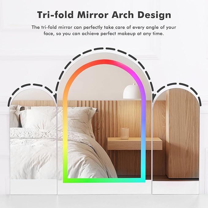 Vanity Desk with Arched Tri-Fold Mirror, Dimmable Vanity Table, LED RGB Makeup Vanity with 2 Drawers, 2 Open Storage Area & 2 Cabinets, Gifts for Girls/Women, Dressing Table (White)