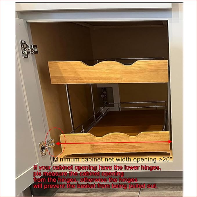 DINDON 2 Tier Pull Out Cabinet Organizer (20" W x 21" D) Slide Out Wood Shelf Double Tier Kitchen Wire Basket with Chrome Finish…