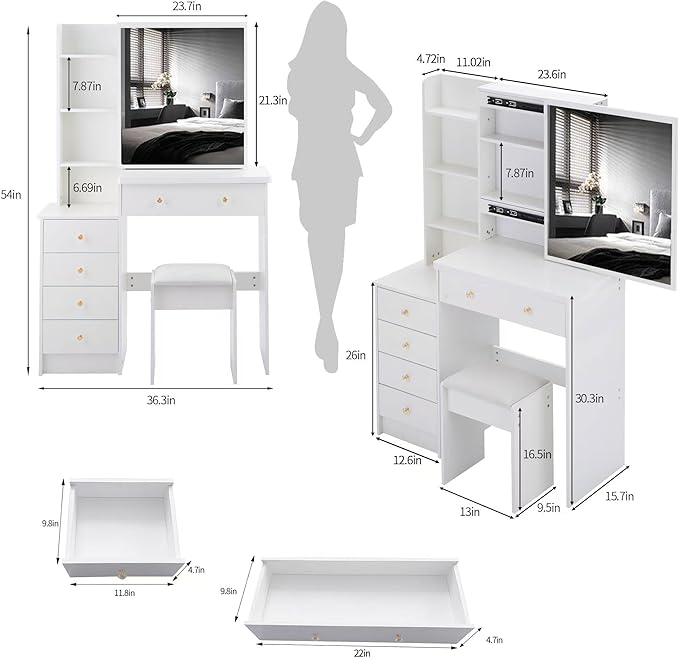 37" Vanity Desk with Mirror, Makeup Table with Sliding Mirror, Dressing Table with Multi Layer High Capacity Storage, Vanity Set with Drawers and Stool for Bedroom, White