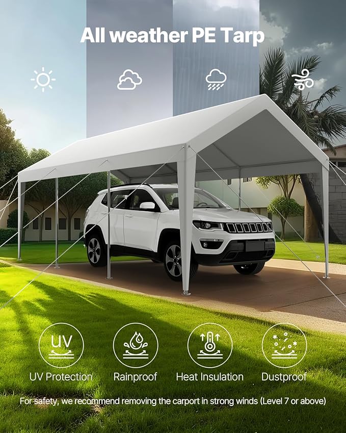 VEVOR Carport, 10 x 20 FT Outdoor Car Canopy, Potable Carport, Heavy Duty Galvanized Cars Shelter, UV-Resistant & Water-Resistant, All-Season Protection, Storage Shed for Car Boat Motorcycle White