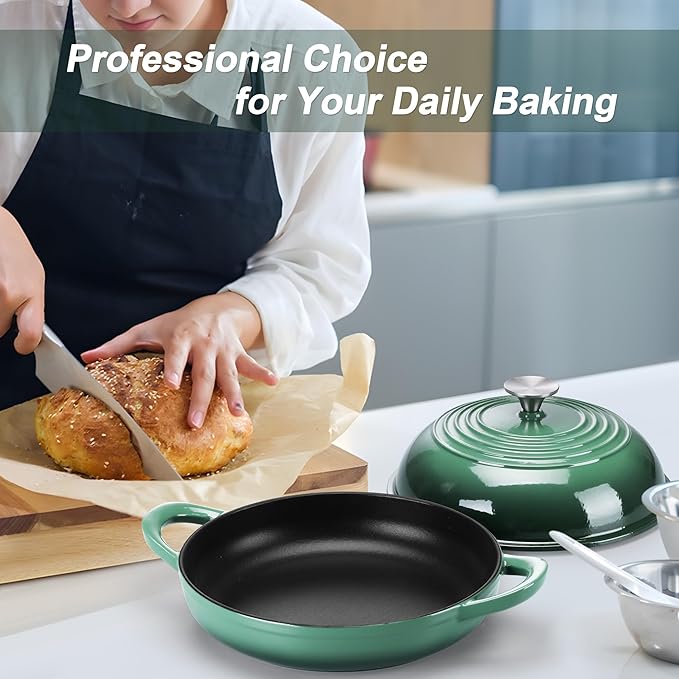 TeamFar Cast Iron Bread Dutch Oven, 6 Qt Enameled Dutch Oven Pot for Sourdough Bread Baking, with Tall Dome Lid & Round Base Pan, Self-Basting & Even-Heating, Heavy-Duty & Non-stick, Dark Green