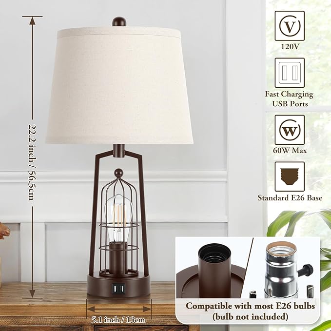 Farmhouse Table Lamps with 2 USB Ports, Set of 2 Rustic Industrial Desk Lamp for Living Room, 2-Light with Beige Lampshade for Bedside, Bedroom, Nightstand, House Decor, Reading(Bronze)