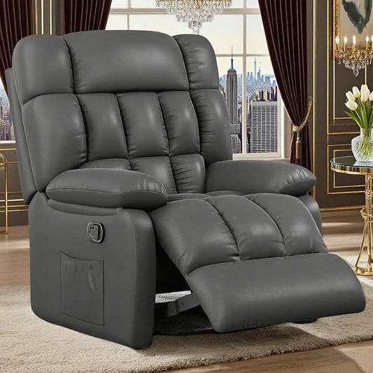 Recliner Chair, Leather Adjustable Recliner with Side Pockets, Living Room Power Reclining Lounge Chair for Adults, Small Spaces Comfy Sofa with Theater Seating for Bedroom, Black