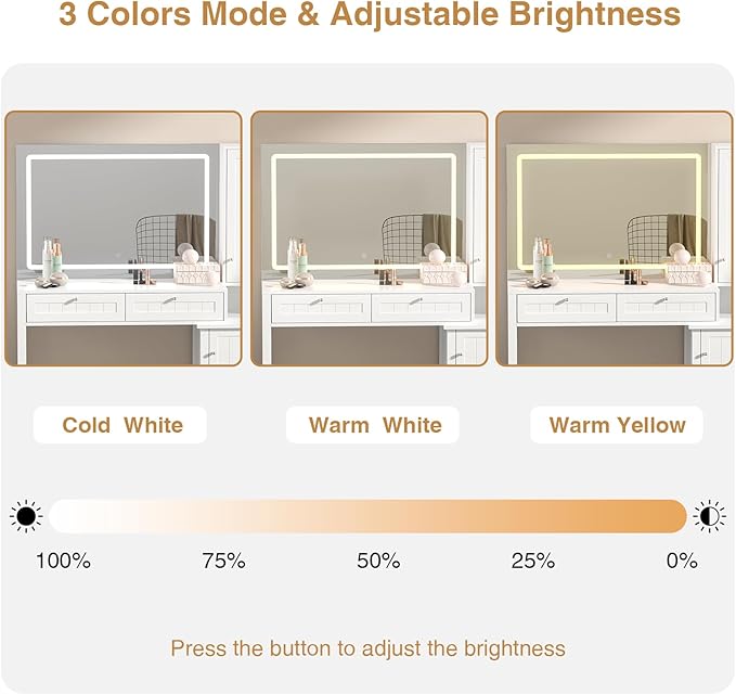 Anmytek Makeup Vanity Desk with Mirror and Lights, Dressing Table with 2 Large Drawer & 2 Storage Cabinet,Vanity Desk with Power Strip, 36" Mirror with 3 Lighting Modes, Suitable for Bedroom, White