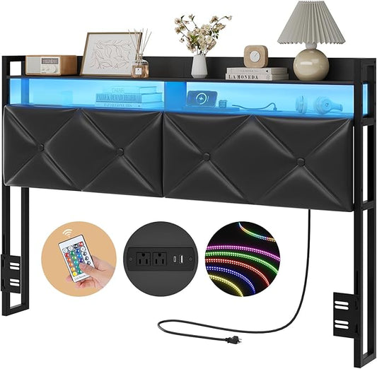 Headboard Queen Size with 2-Tier Open Storage and LED Light, Upholstered Headboard with Charging Station, Height Adjustable Sturdy Queen Bed Head Only for Dorm Bedroom, Easy Assembly, Black